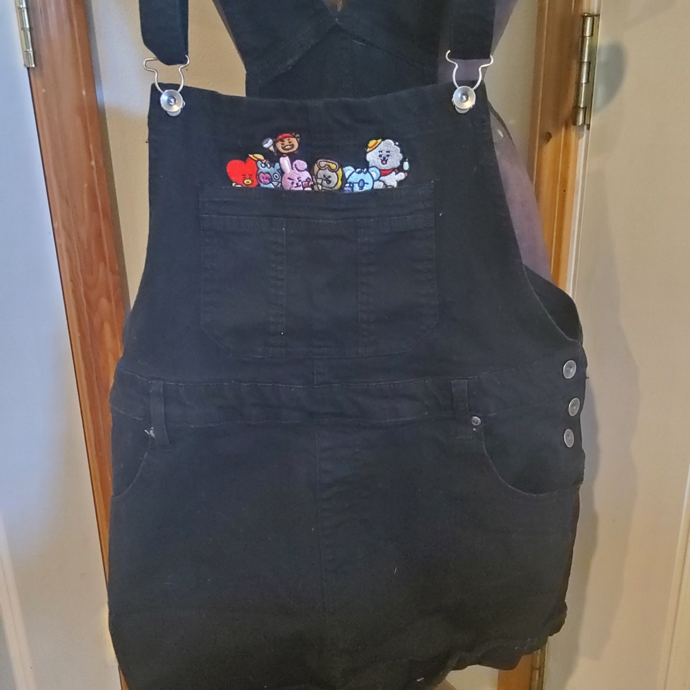 Black BTS Overall Shorts with Character Patch